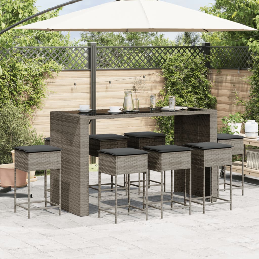 9 Pcs conjunto de bar p/ jardim c/ almofadões vime PE cinzento