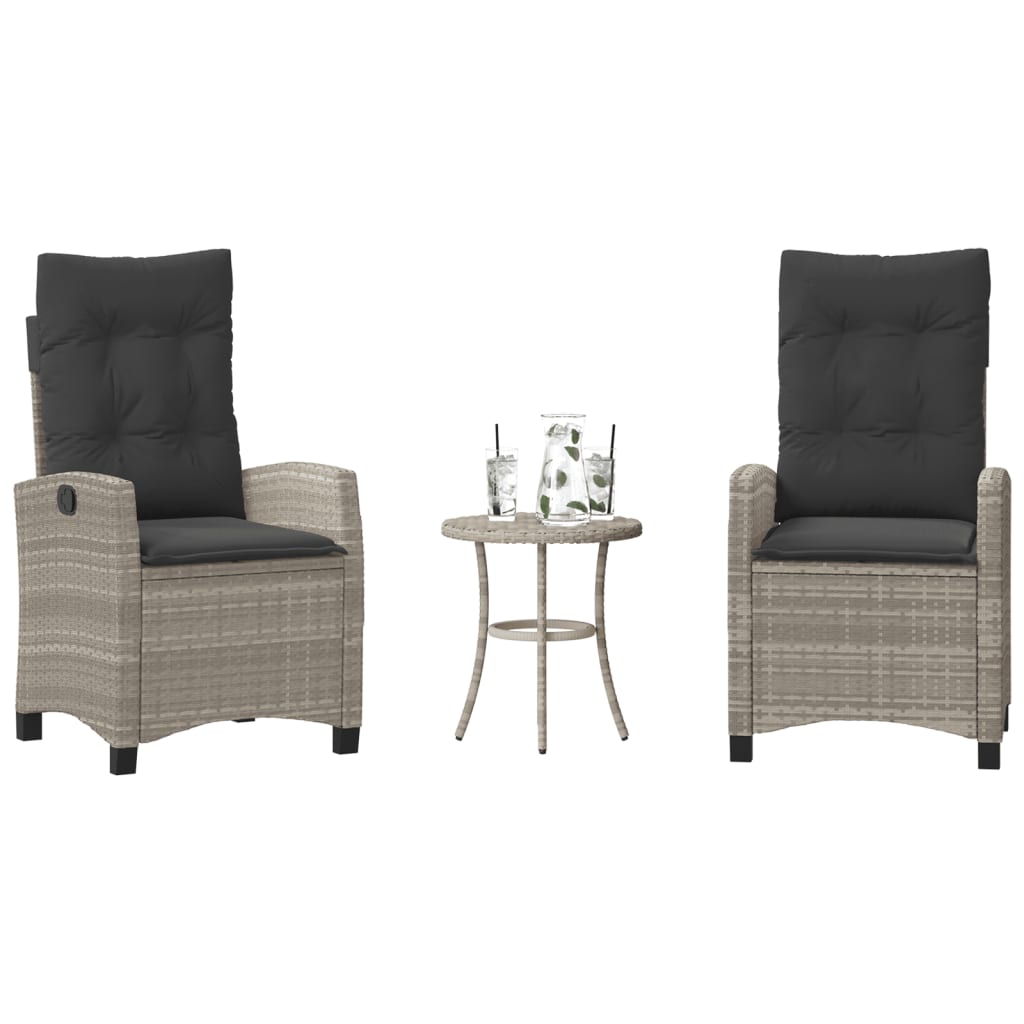 3 Pcs conjunto bistrô com almofadões vime PE cinzento claro