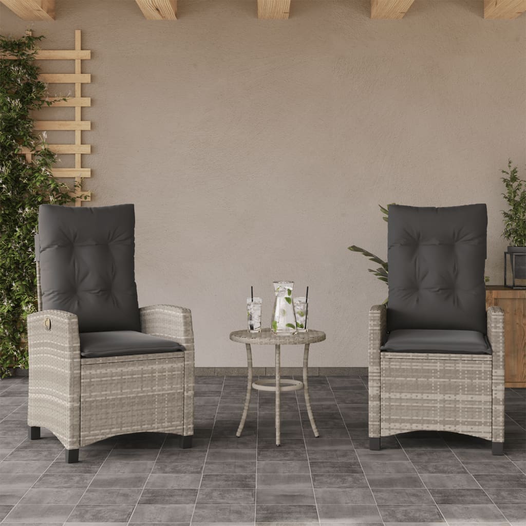 3 Pcs conjunto bistrô com almofadões vime PE cinzento claro