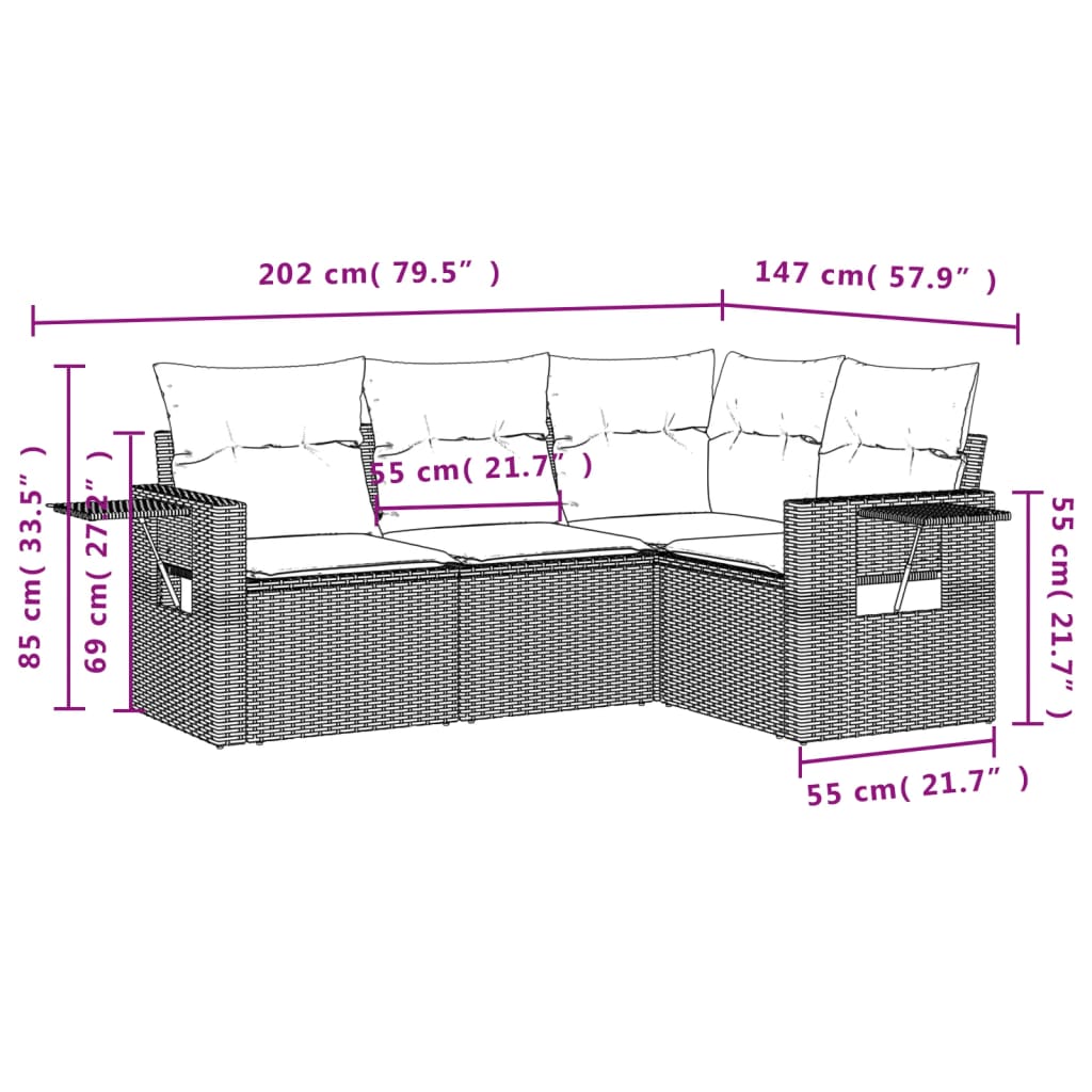 4 Pcs conjunto de sofás para jardim c/ almofadões vime PE preto