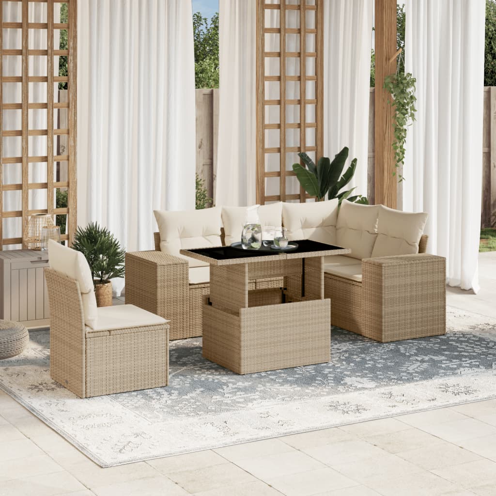 6 Pcs conjunto de sofás p/ jardim com almofadões vime PE bege