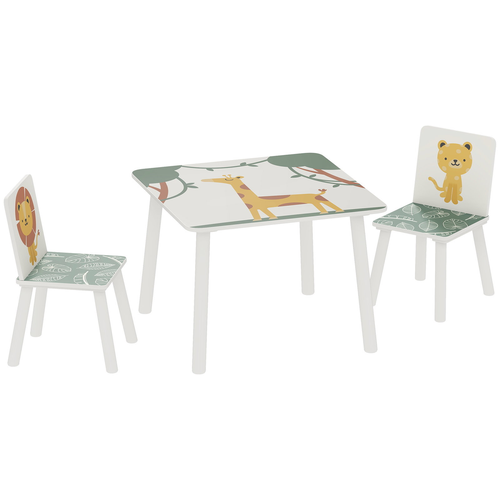 Mesa e cadeiras para crianças de 3 peças mesa infantil com 2 cadeiras em madeira com desenhos de leões verde