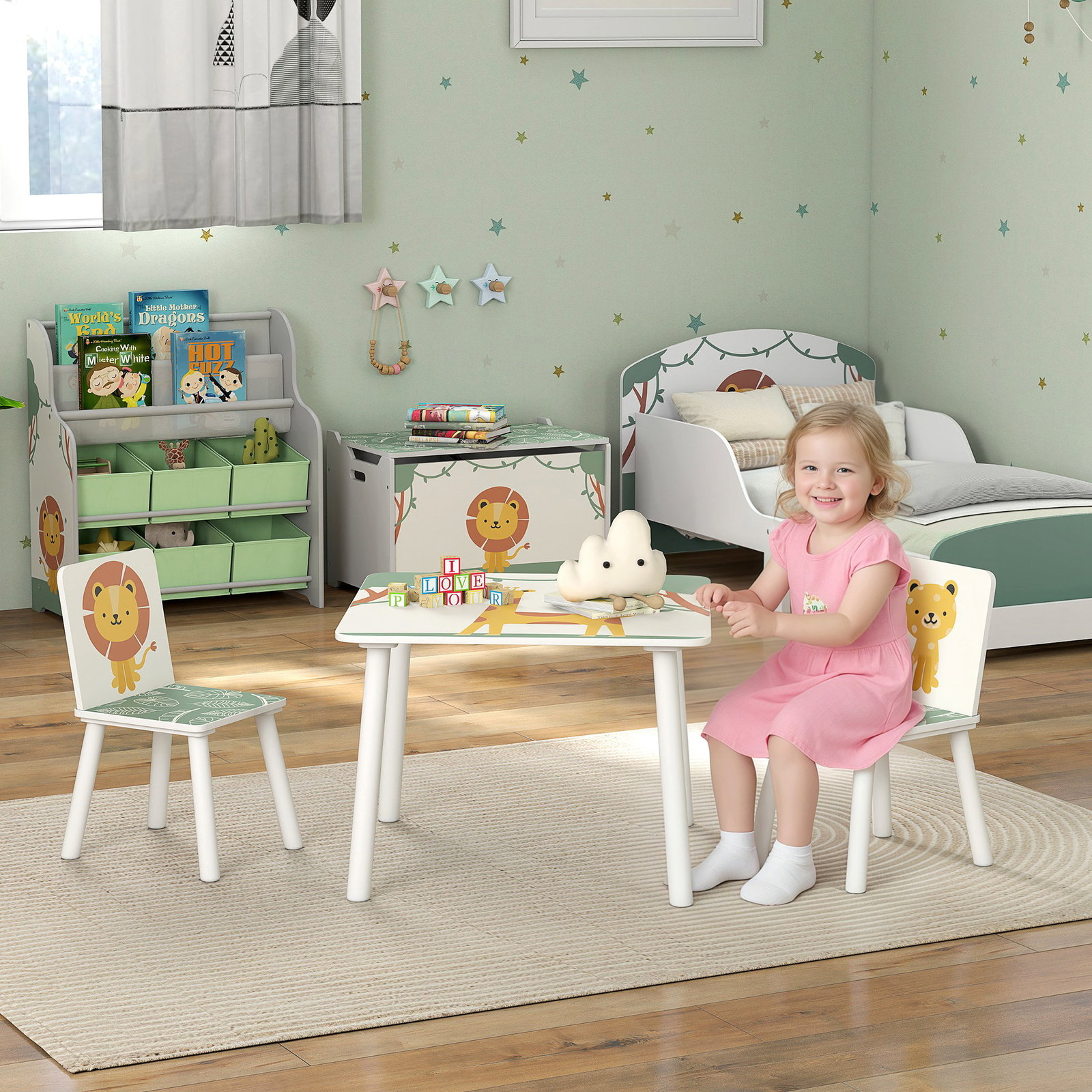 Mesa e cadeiras para crianças de 3 peças mesa infantil com 2 cadeiras em madeira com desenhos de leões verde