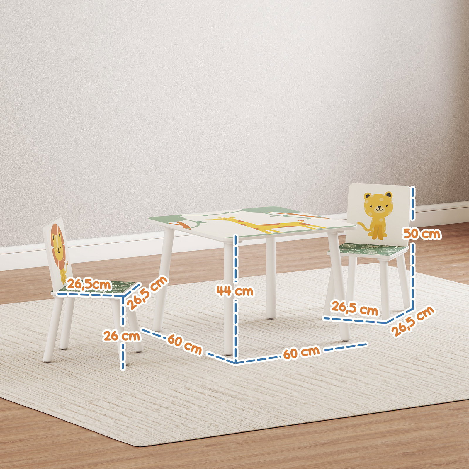 Mesa e cadeiras para crianças de 3 peças mesa infantil com 2 cadeiras em madeira com desenhos de leões verde