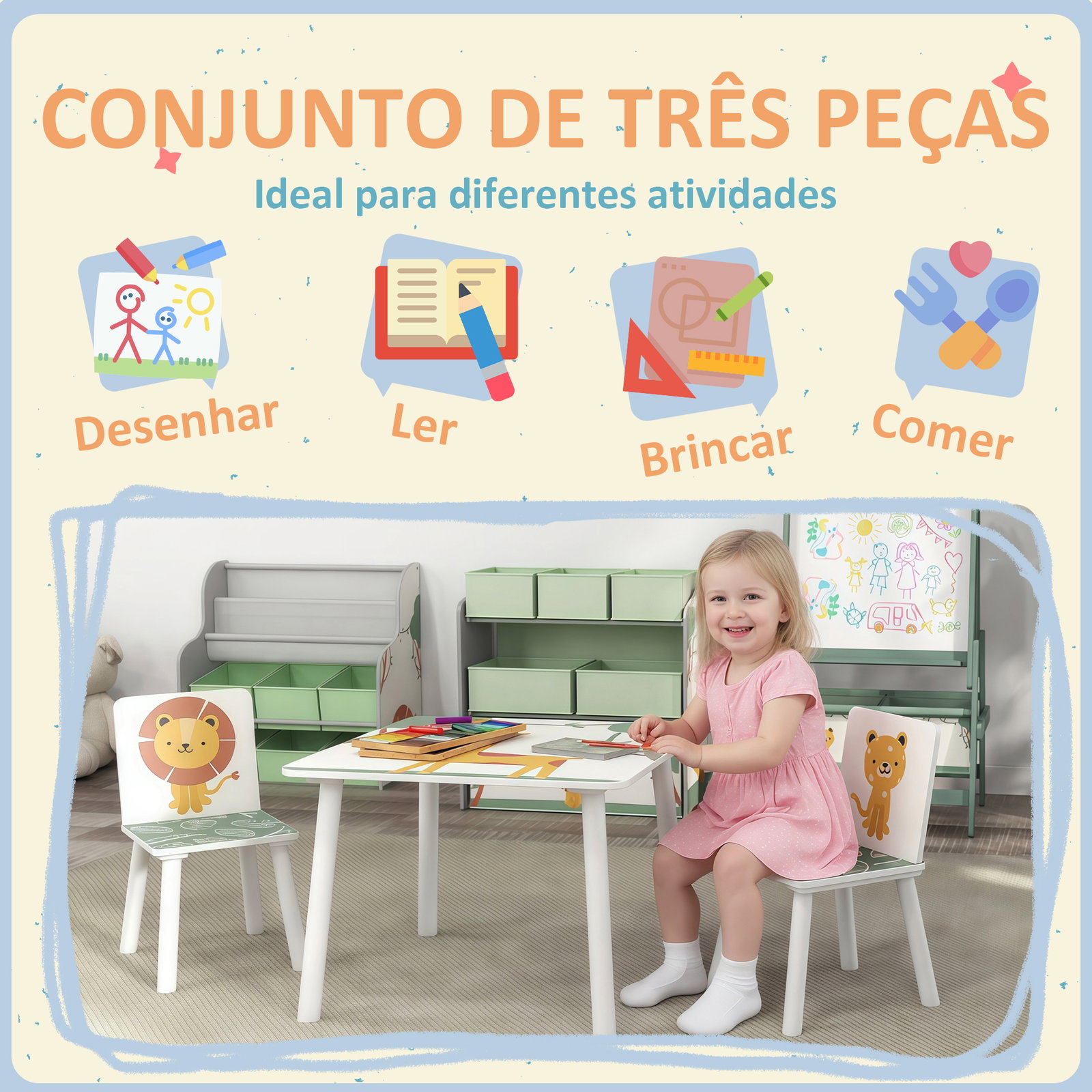 Mesa e cadeiras para crianças de 3 peças mesa infantil com 2 cadeiras em madeira com desenhos de leões verde