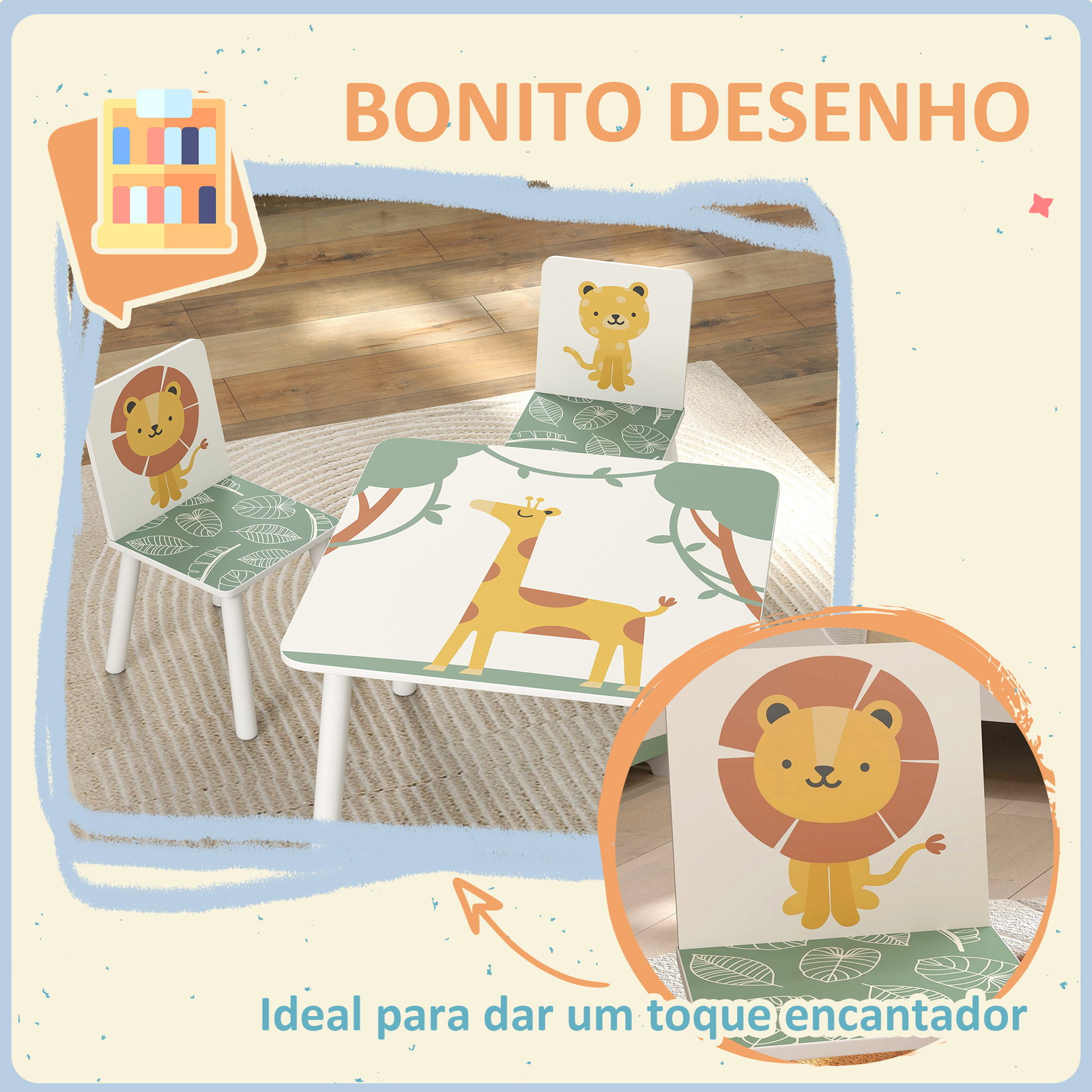 Mesa e cadeiras para crianças de 3 peças mesa infantil com 2 cadeiras em madeira com desenhos de leões verde