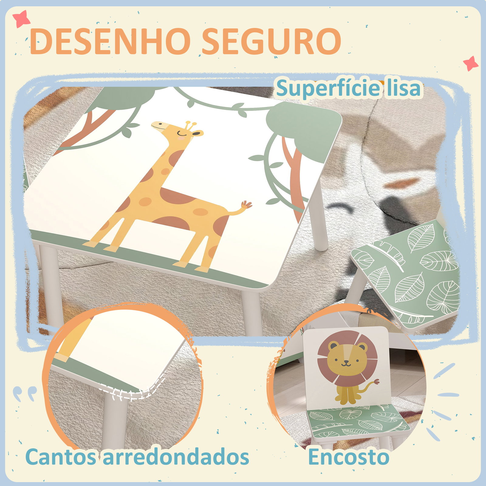 Mesa e cadeiras para crianças de 3 peças mesa infantil com 2 cadeiras em madeira com desenhos de leões verde