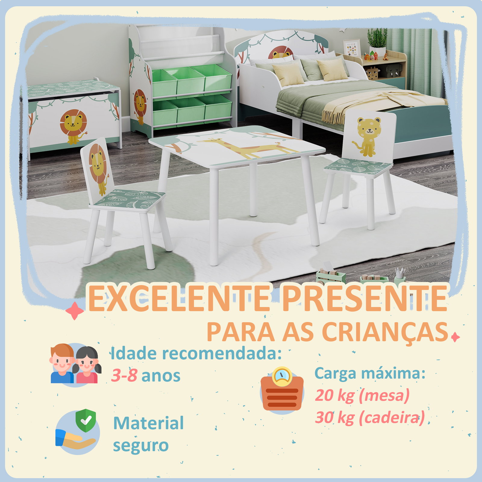 Mesa e cadeiras para crianças de 3 peças mesa infantil com 2 cadeiras em madeira com desenhos de leões verde