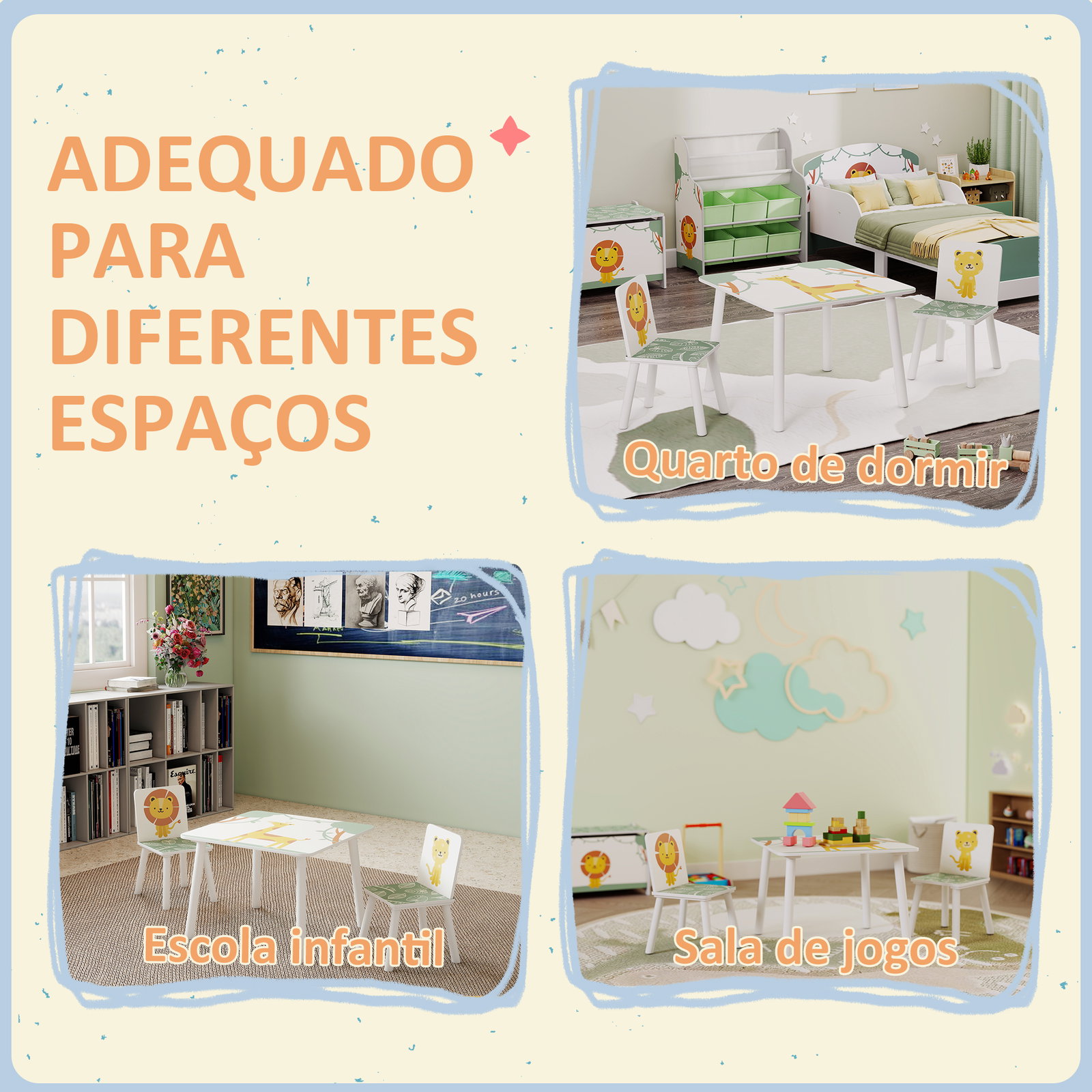 Mesa e cadeiras para crianças de 3 peças mesa infantil com 2 cadeiras em madeira com desenhos de leões verde