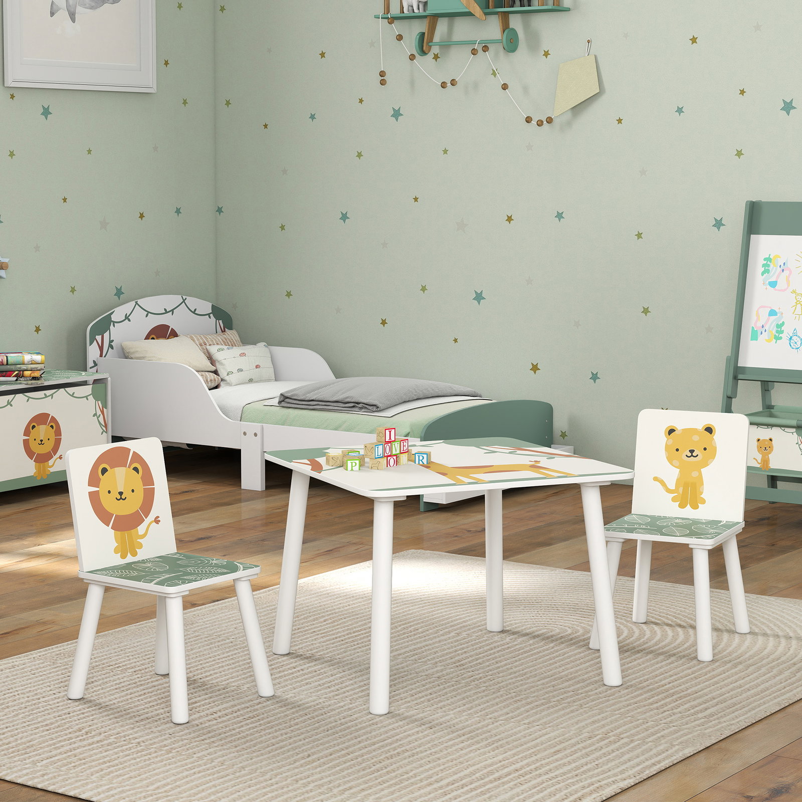Mesa e cadeiras para crianças de 3 peças mesa infantil com 2 cadeiras em madeira com desenhos de leões verde