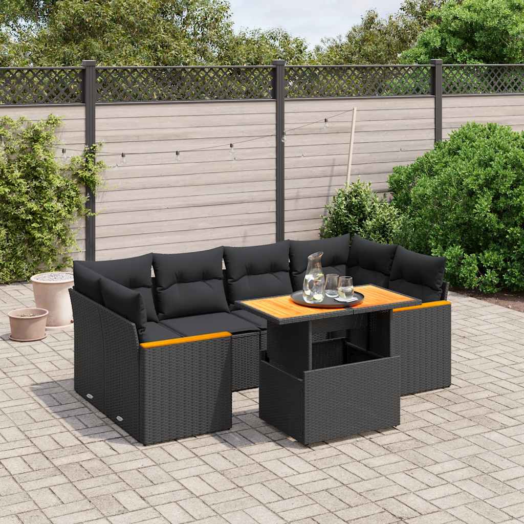7 Pcs conjunto de sofás p/ jardim c/ almofadões vime PE preto