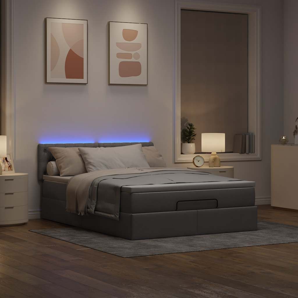 Cama otomana com colchão & leds 140x200 cm tecido cinza