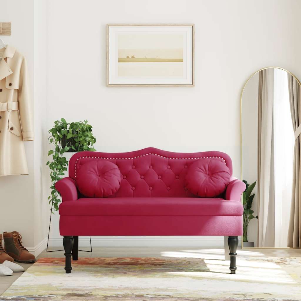 Banco com almofadões 120,5x65x75 cm veludo vermelho tinto