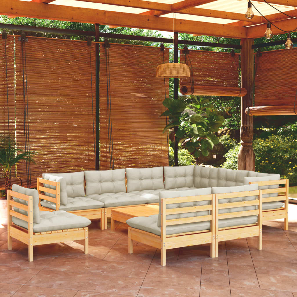 10 Pcs conjunto lounge jardim c/ almofadões creme pinho maciço