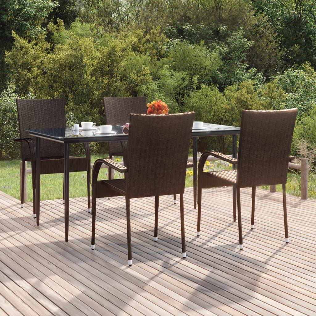 5 Pcs conjunto de jantar para jardim vime PE castanho