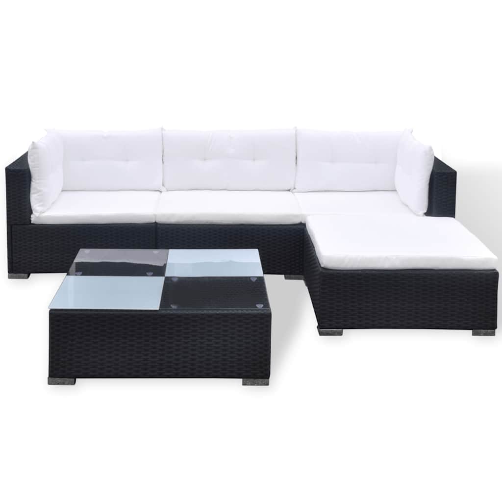 5 Pcs conjunto lounge de jardim c/ almofadões vime PE preto