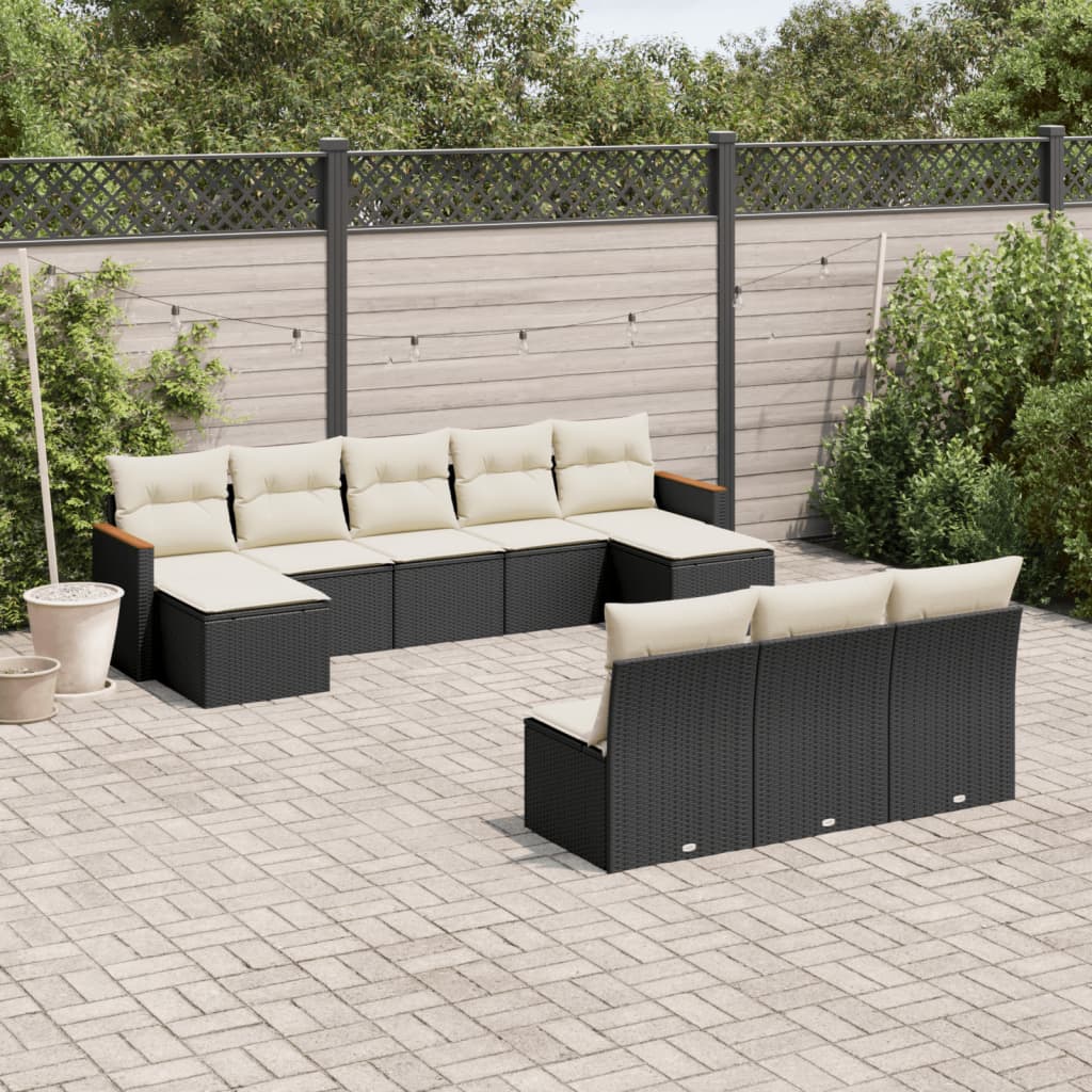 10 Pcs conjunto sofás de jardim c/ almofadões vime PE preto