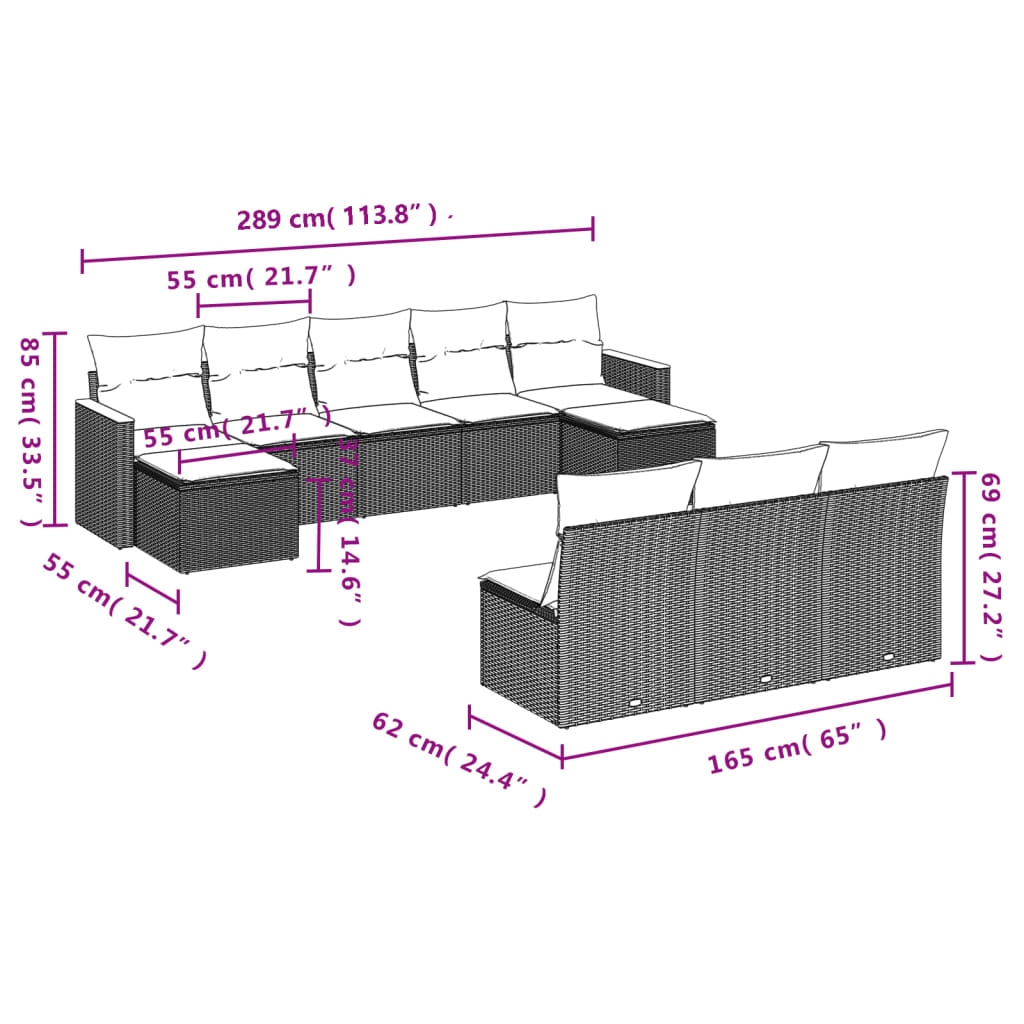 10 Pcs conjunto sofás de jardim c/ almofadões vime PE preto