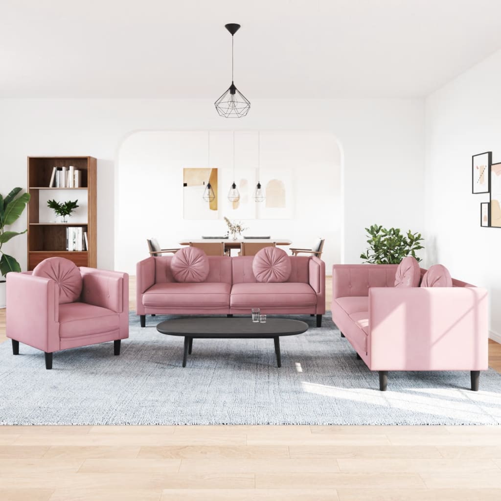3 Pcs conjunto de sofás com almofadas veludo rosa