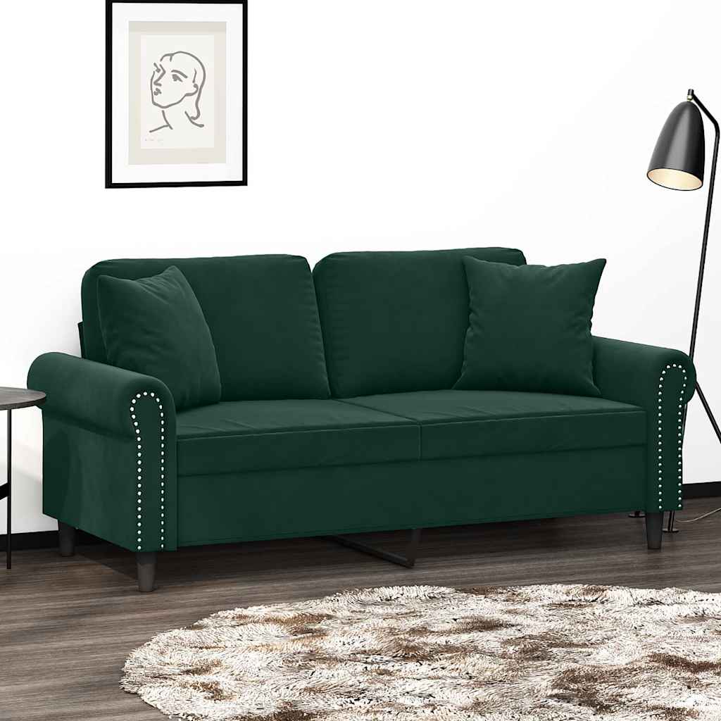 Sofá 2 lug. c/ almofadas decorativas 140cm veludo verde-escuro