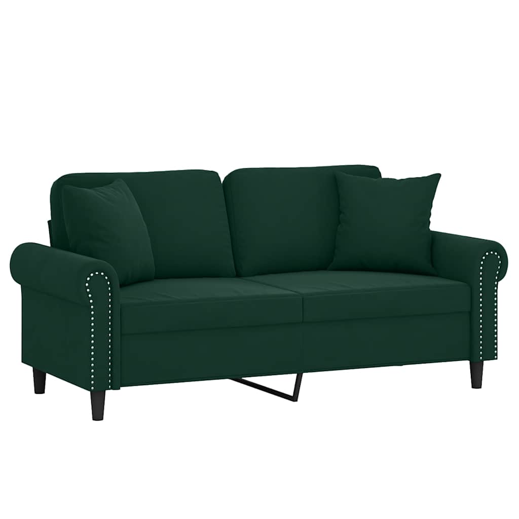 Sofá 2 lug. c/ almofadas decorativas 140cm veludo verde-escuro