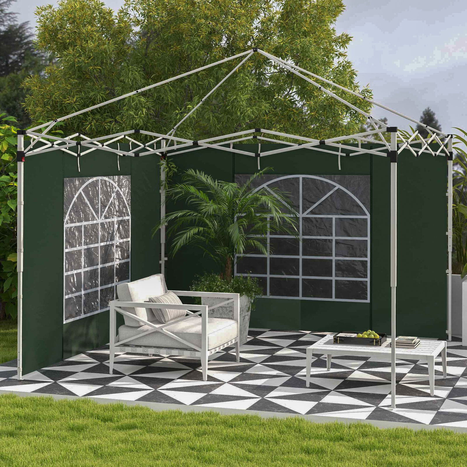 Paredes laterais para tenda de 2 painéis 295x195 cm com janela enrolável e porta com fecho de correr para tenda 3x3 m ou 3x6 m verde