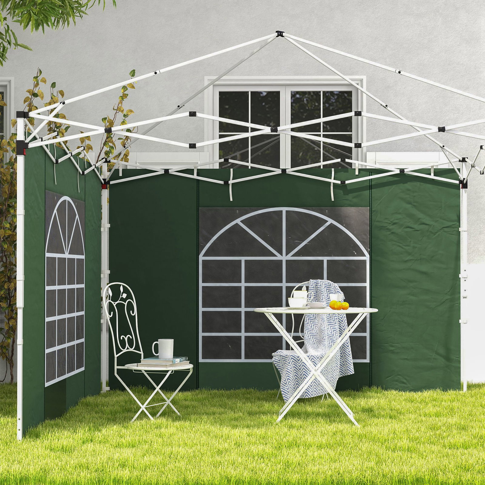 Paredes laterais para tenda de 2 painéis 295x195 cm com janela enrolável e porta com fecho de correr para tenda 3x3 m ou 3x6 m verde