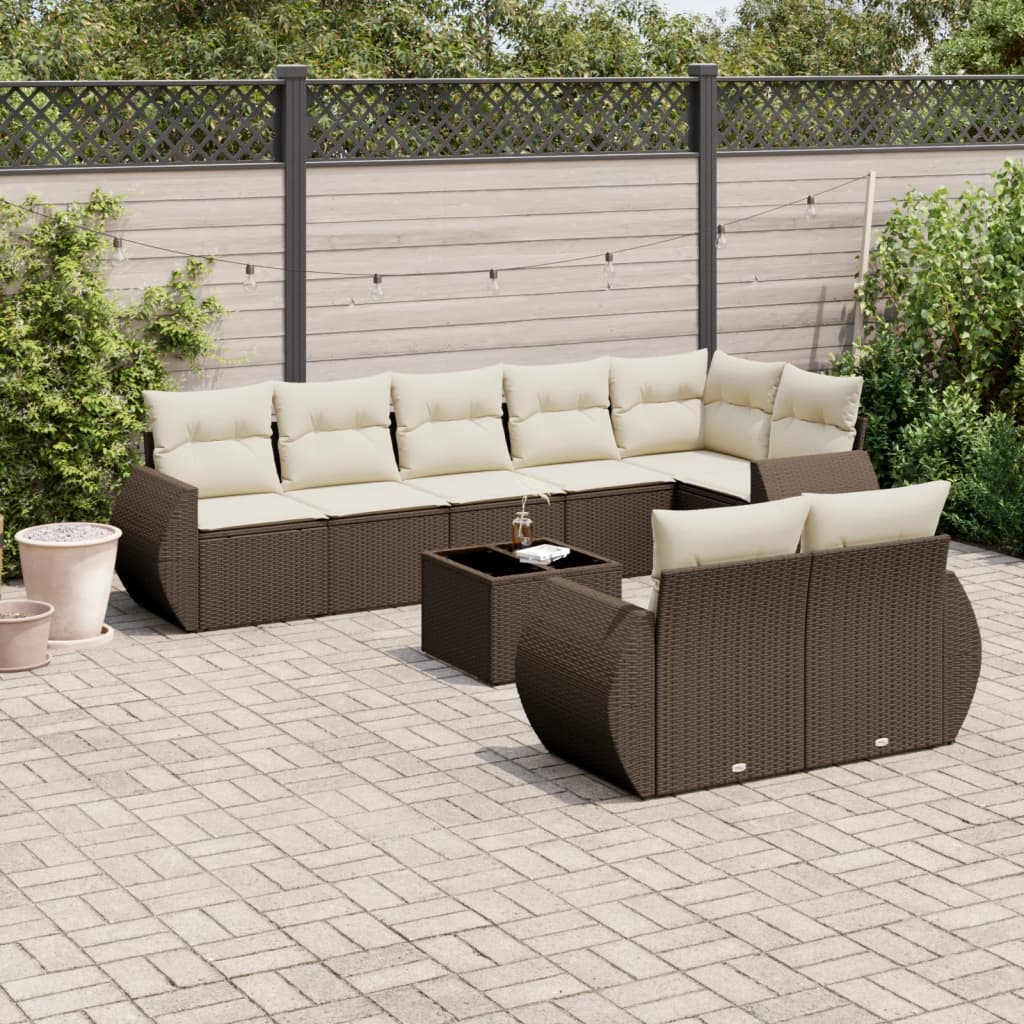 9 Pcs conjunto sofás p/ jardim c/ almofadões vime PE castanho