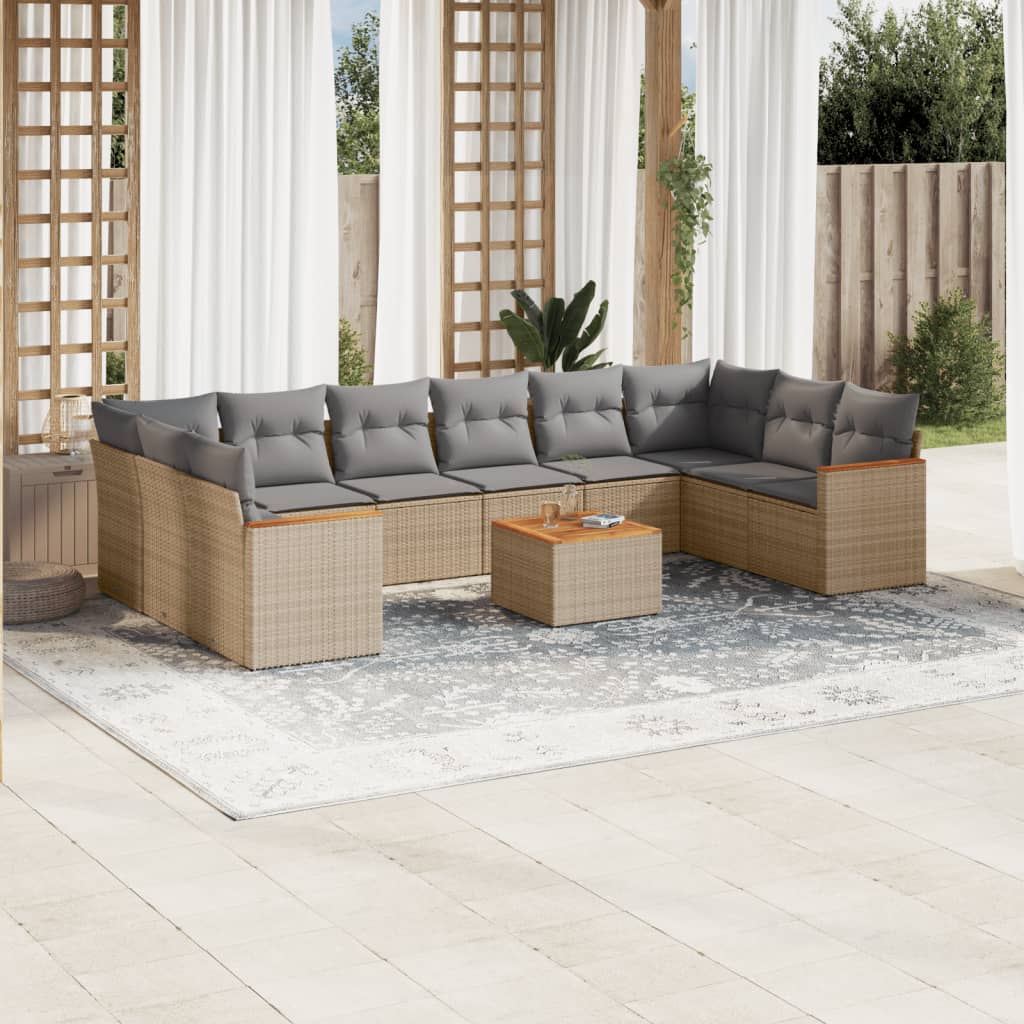 11 Pcs conjunto sofás de jardim c/ almofadões vime PE bege