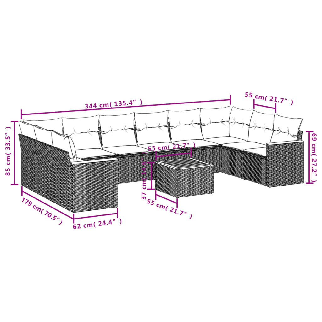 11 Pcs conjunto sofás de jardim c/ almofadões vime PE bege