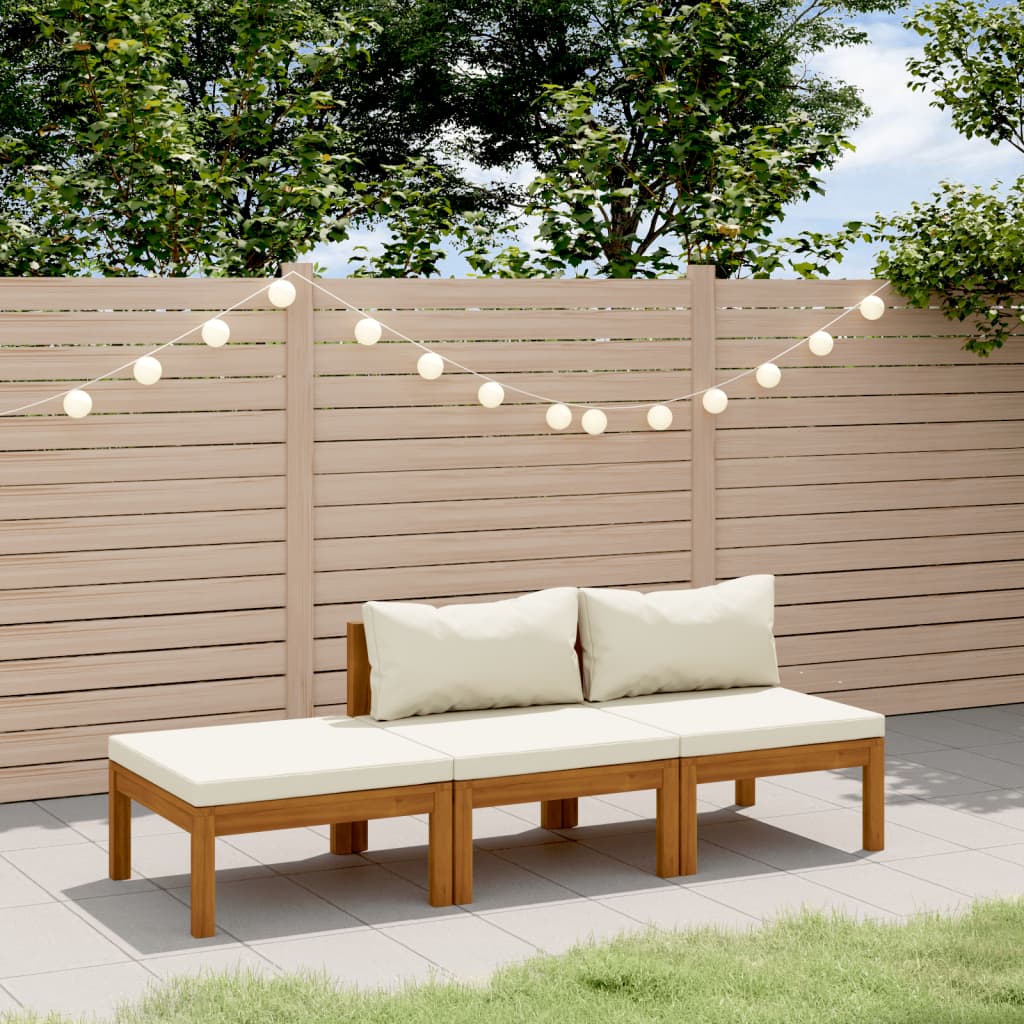 3 Pcs conjunto lounge jardim c/ almofadões creme acácia maciça
