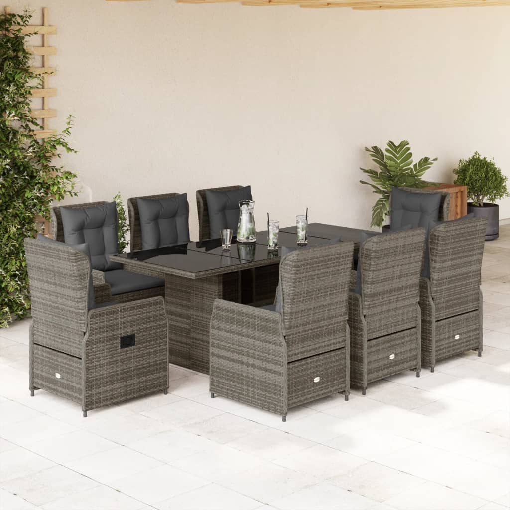 9 Pcs conjunto de jantar p/ jardim c/ almofadões vime PE cinza