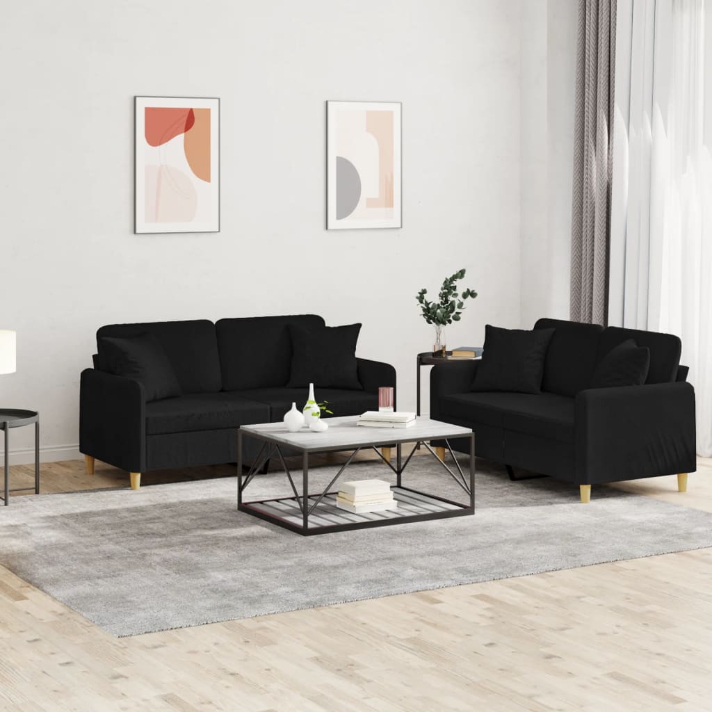 2 Pcs conjunto de sofás com almofadas tecido preto