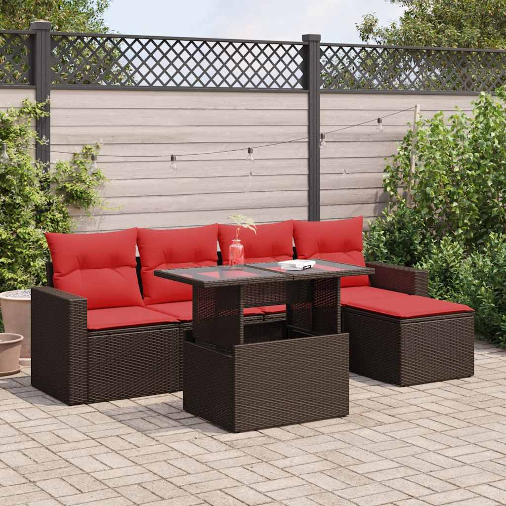 6 Pcs conj. sofás jardim c/ almofadões vime PE/acácia castanho