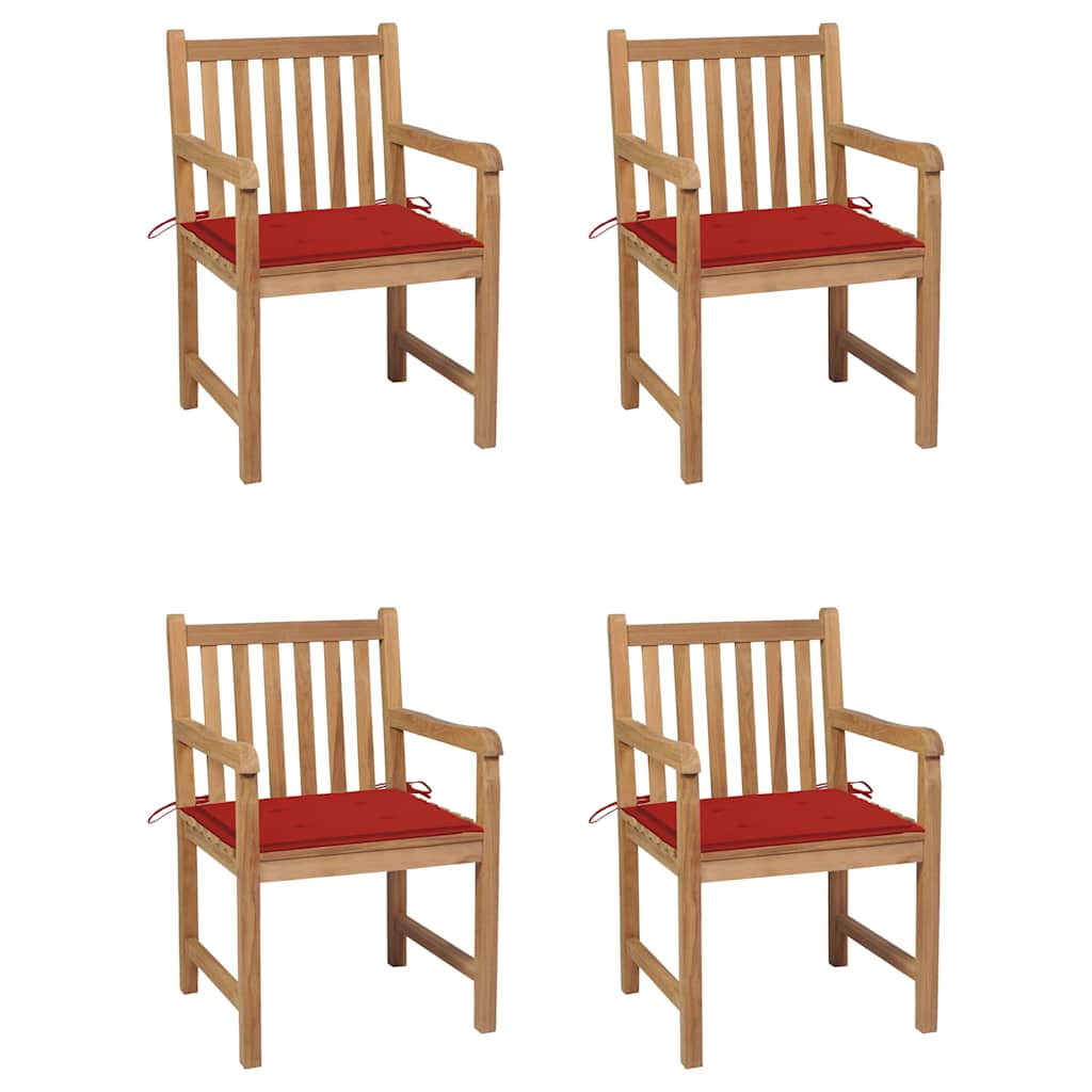 Cadeiras de jardim c/ almofadões vermelhos 4 pcs teca maciça