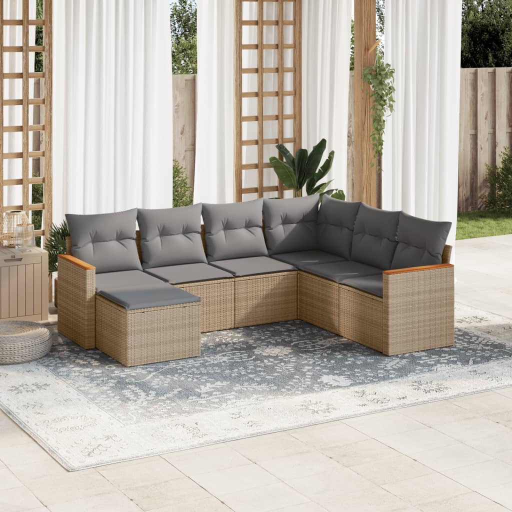 7 Pcs conjunto de sofás p/ jardim com almofadões vime PE bege