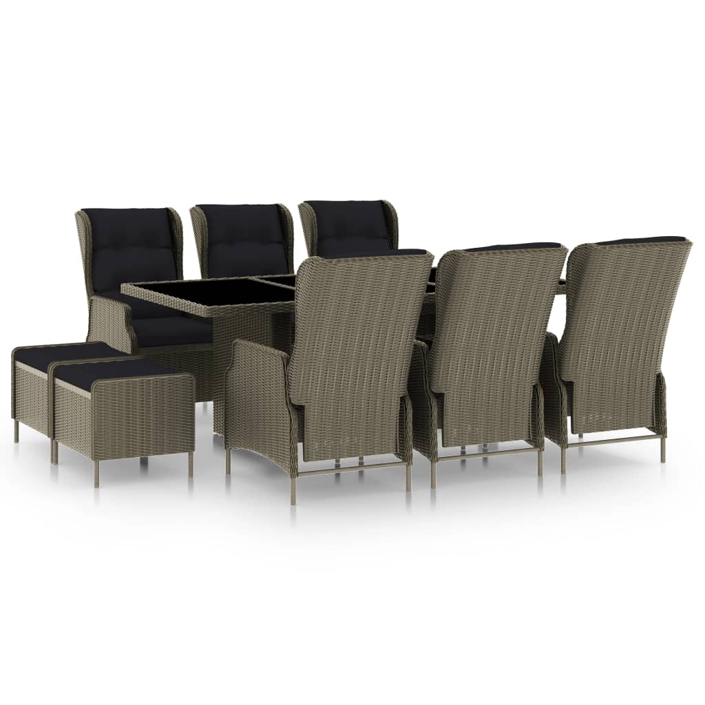9 Pcs conjunto jantar exterior com almofadões vime PE castanho