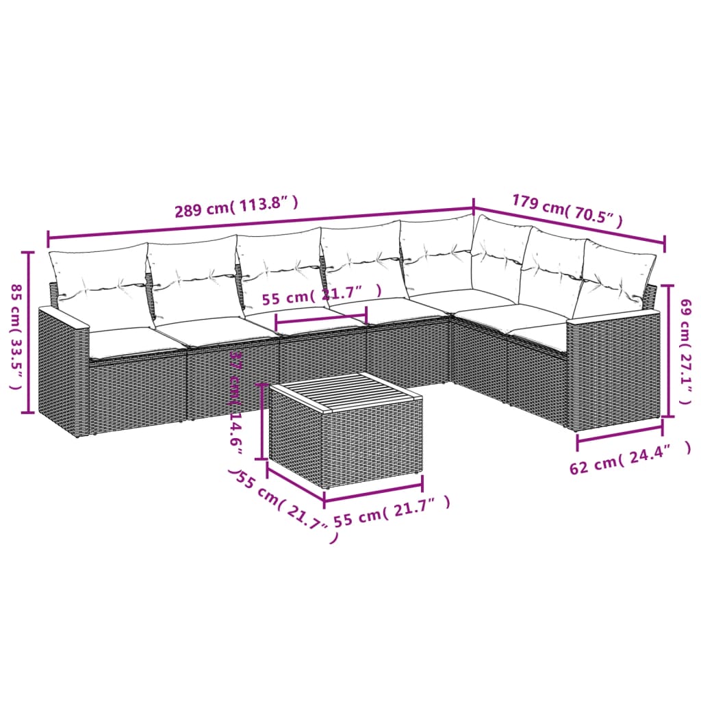 8 Pcs conjunto de sofás p/ jardim com almofadões vime PE bege