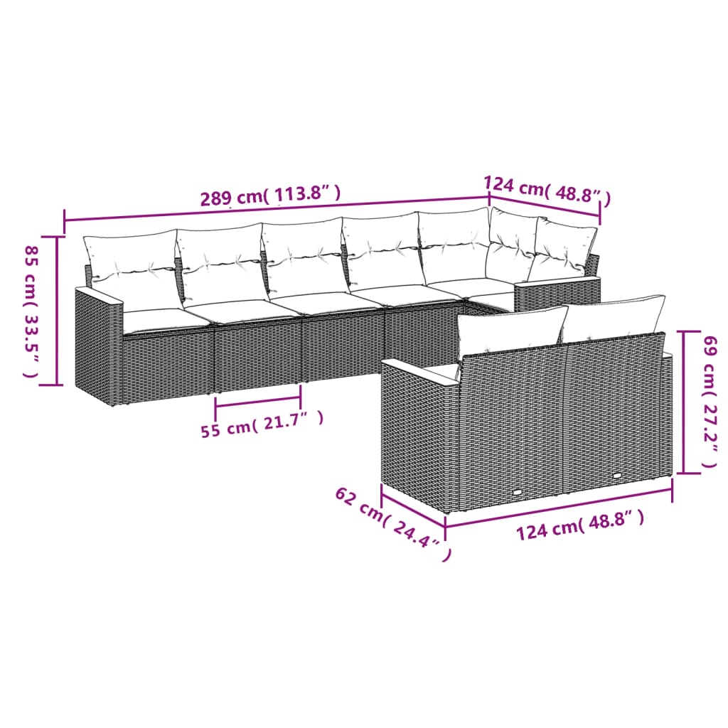8 Pcs conjunto sofás de jardim com almofadões vime PE preto
