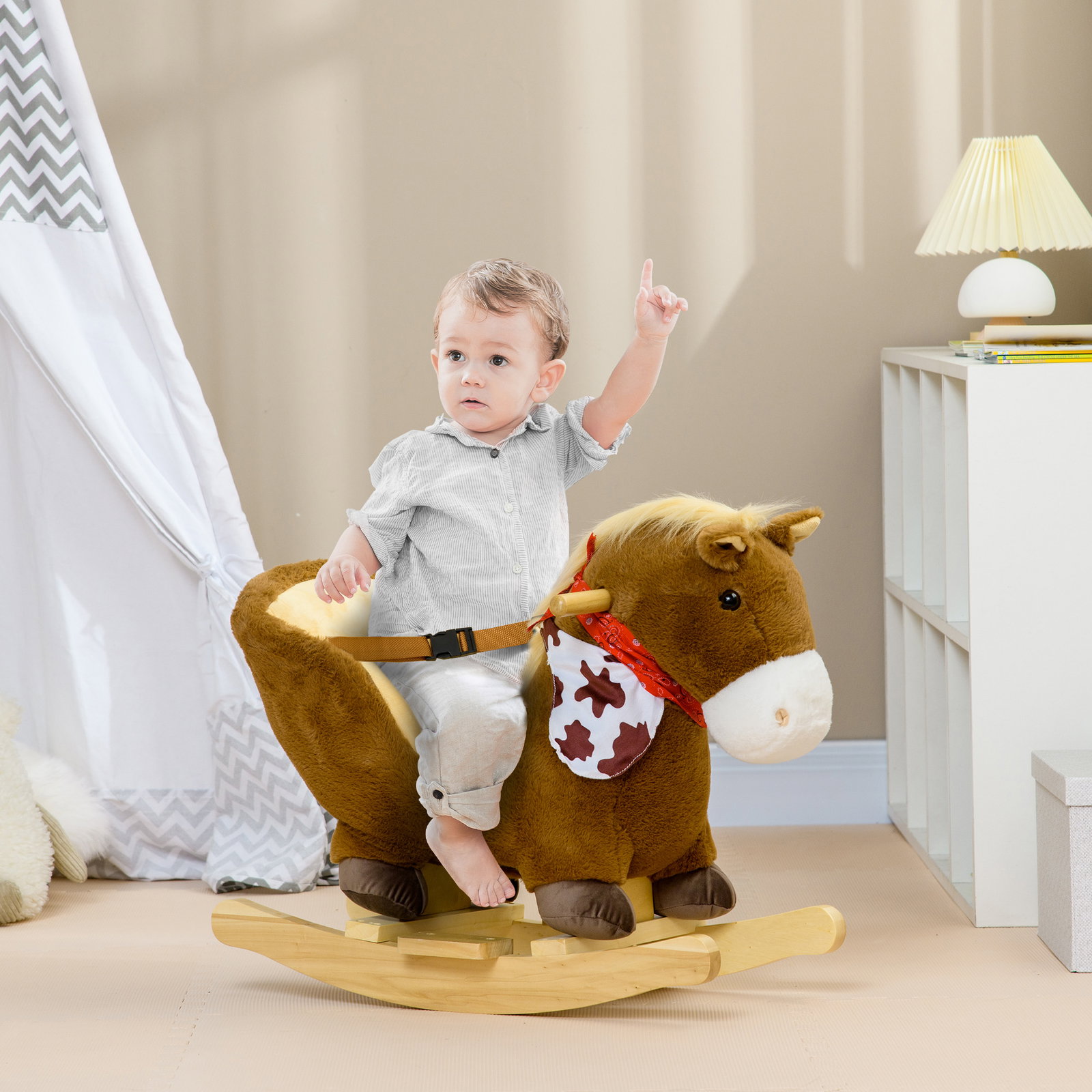 Cavalo baloiço para bebés com sons cinto de segurança 60x33x50 cm marrom