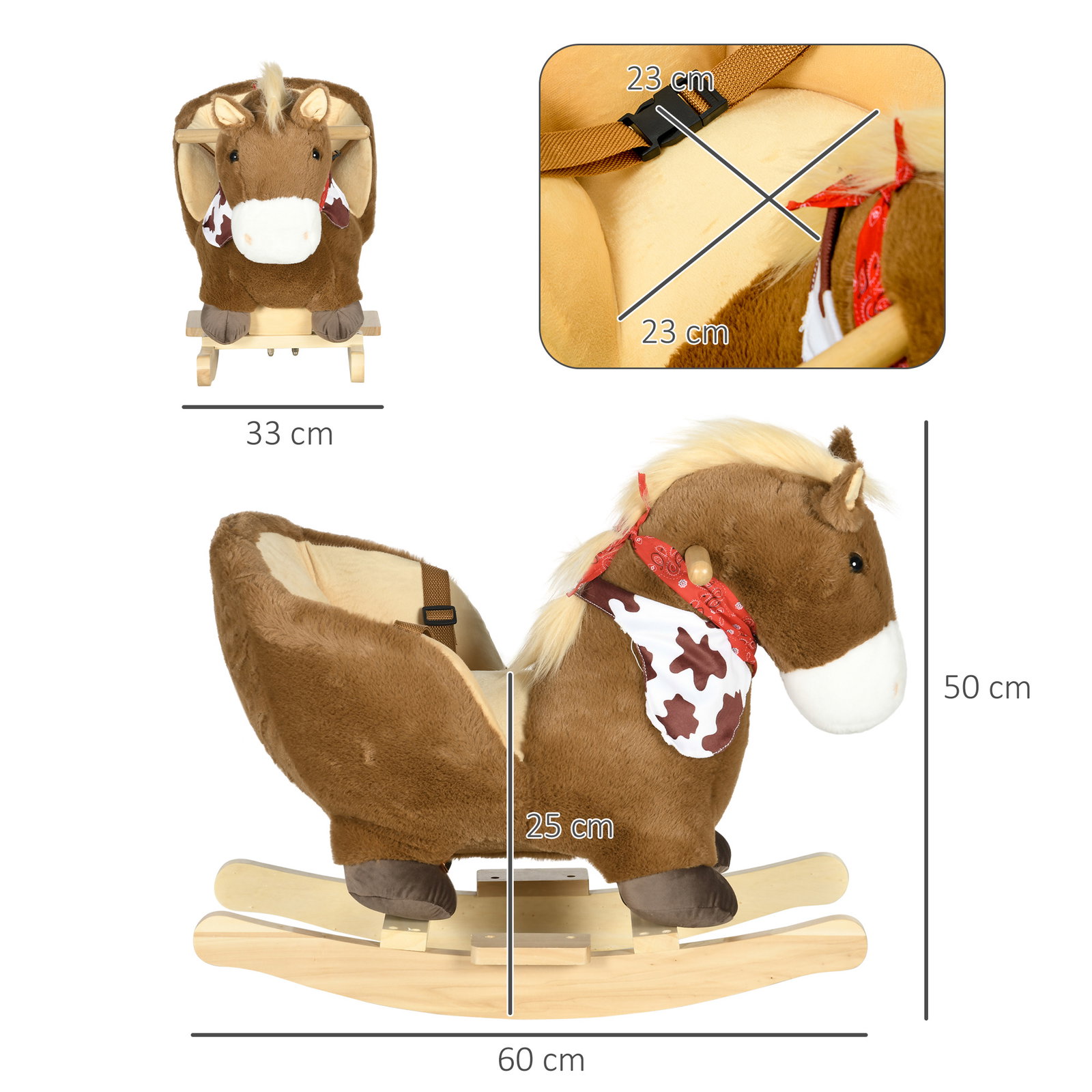 Cavalo baloiço para bebés com sons cinto de segurança 60x33x50 cm marrom