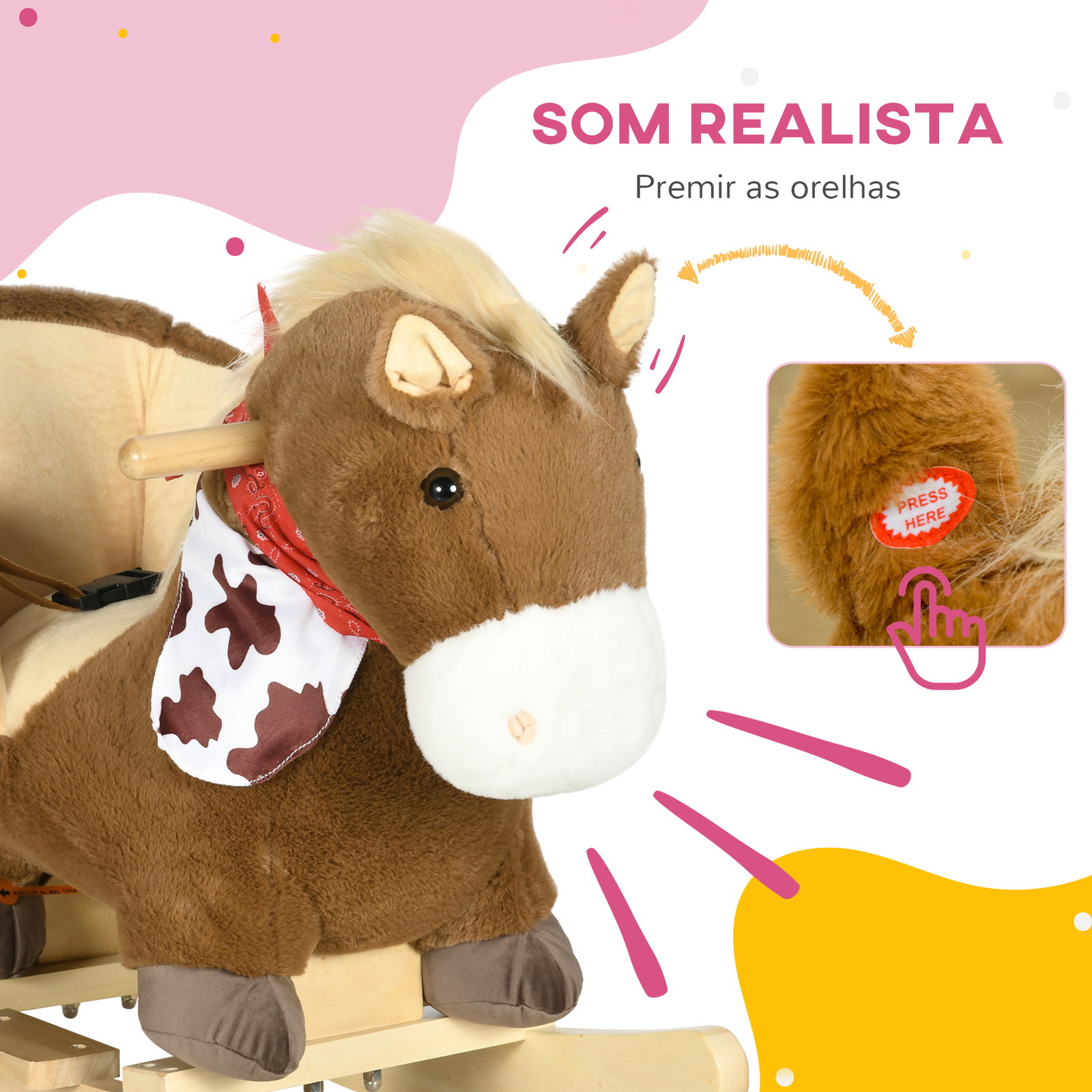 Cavalo baloiço para bebés com sons cinto de segurança 60x33x50 cm marrom
