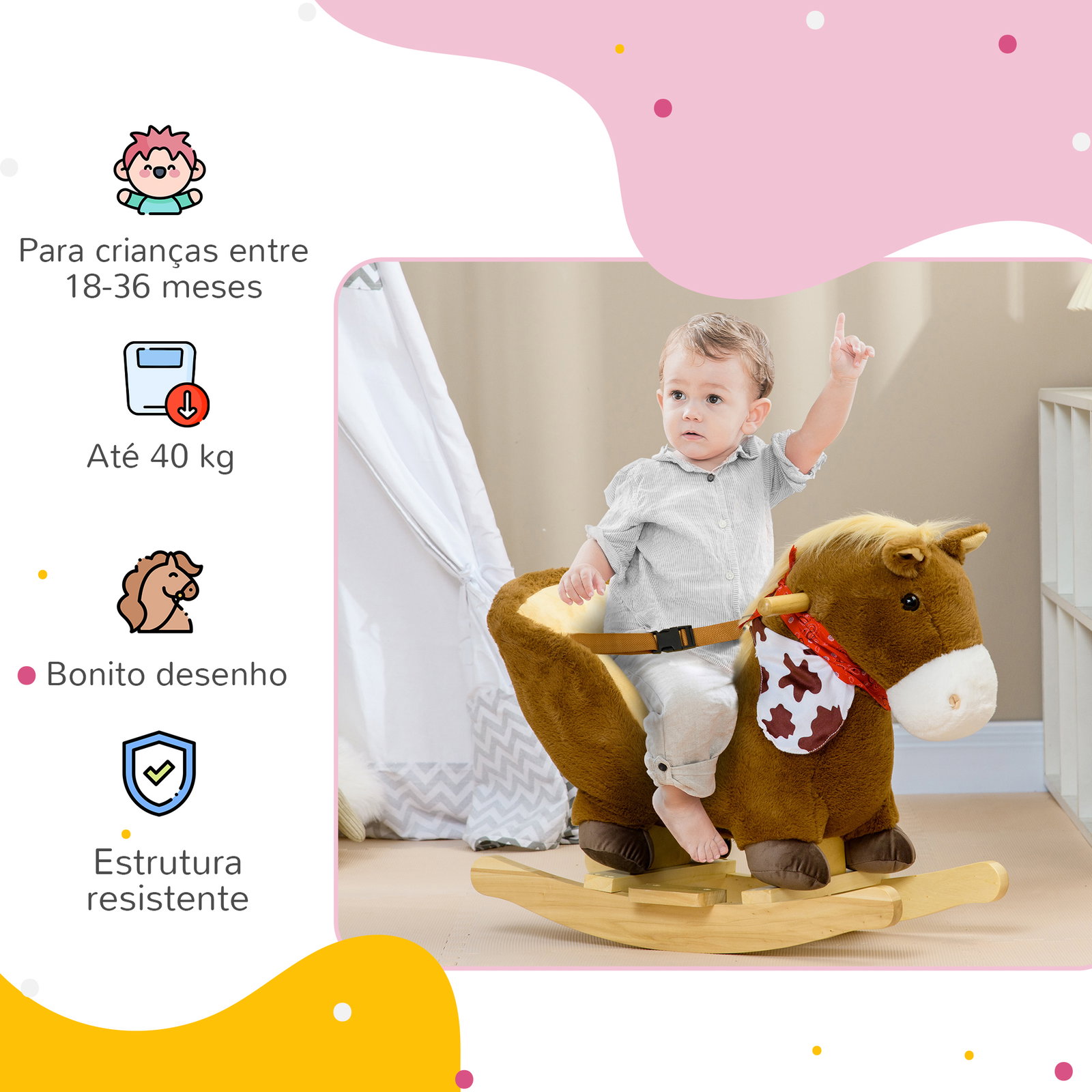 Cavalo baloiço para bebés com sons cinto de segurança 60x33x50 cm marrom