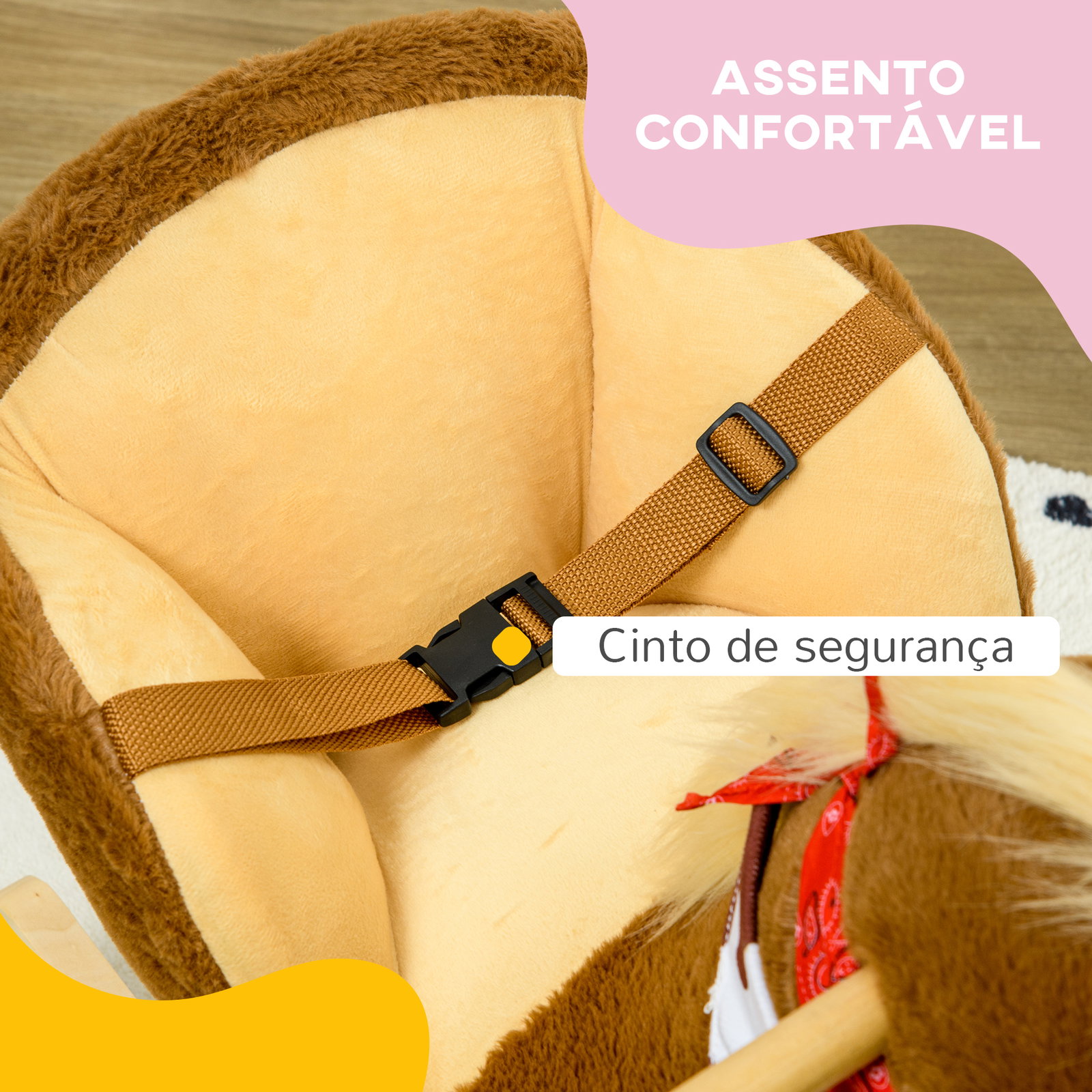 Cavalo baloiço para bebés com sons cinto de segurança 60x33x50 cm marrom