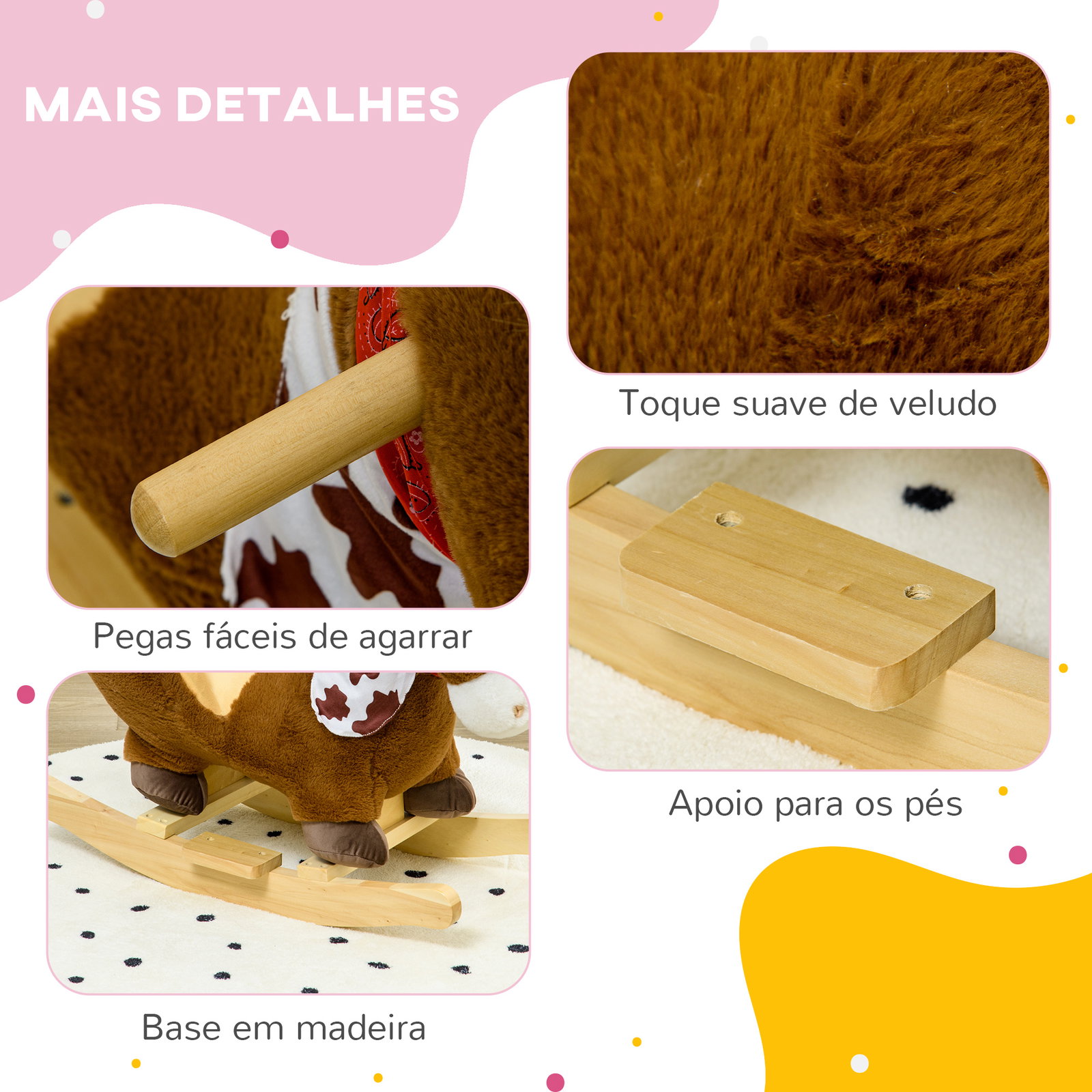 Cavalo baloiço para bebés com sons cinto de segurança 60x33x50 cm marrom
