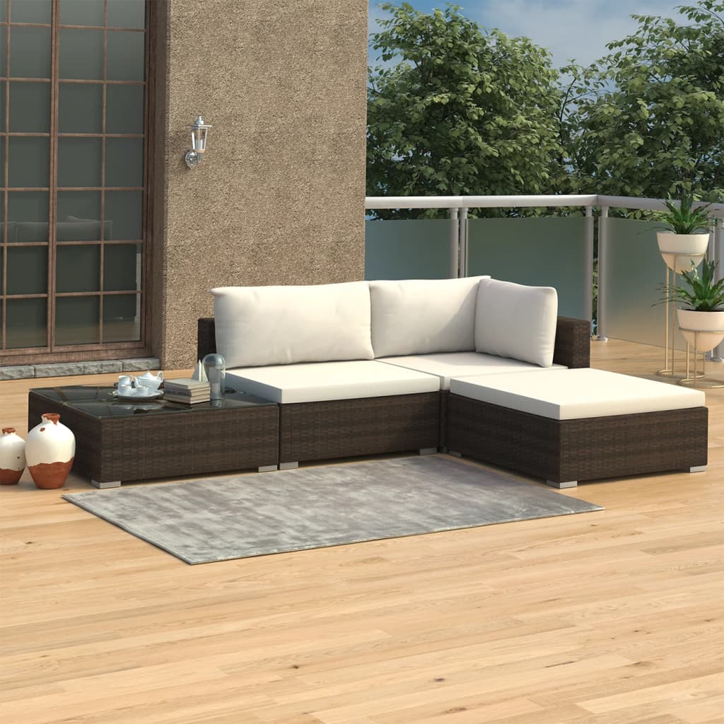4 Pcs conjunto lounge jardim c/ almofadões vime PE castanho