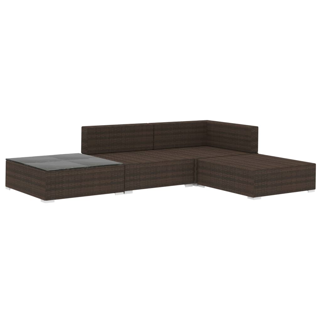 4 Pcs conjunto lounge jardim c/ almofadões vime PE castanho