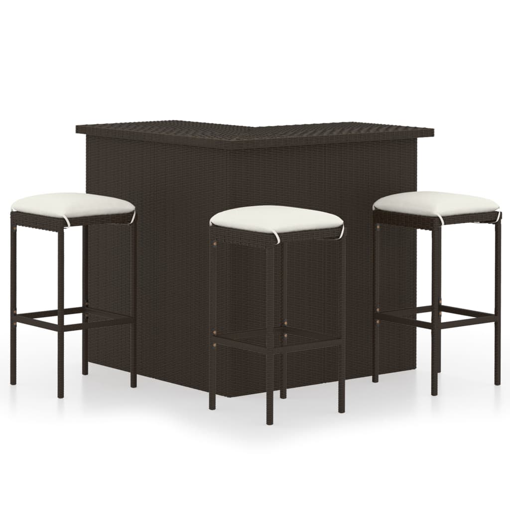 4 Pcs conjunto de bar p/ jardim com almofadões vime PE castanho