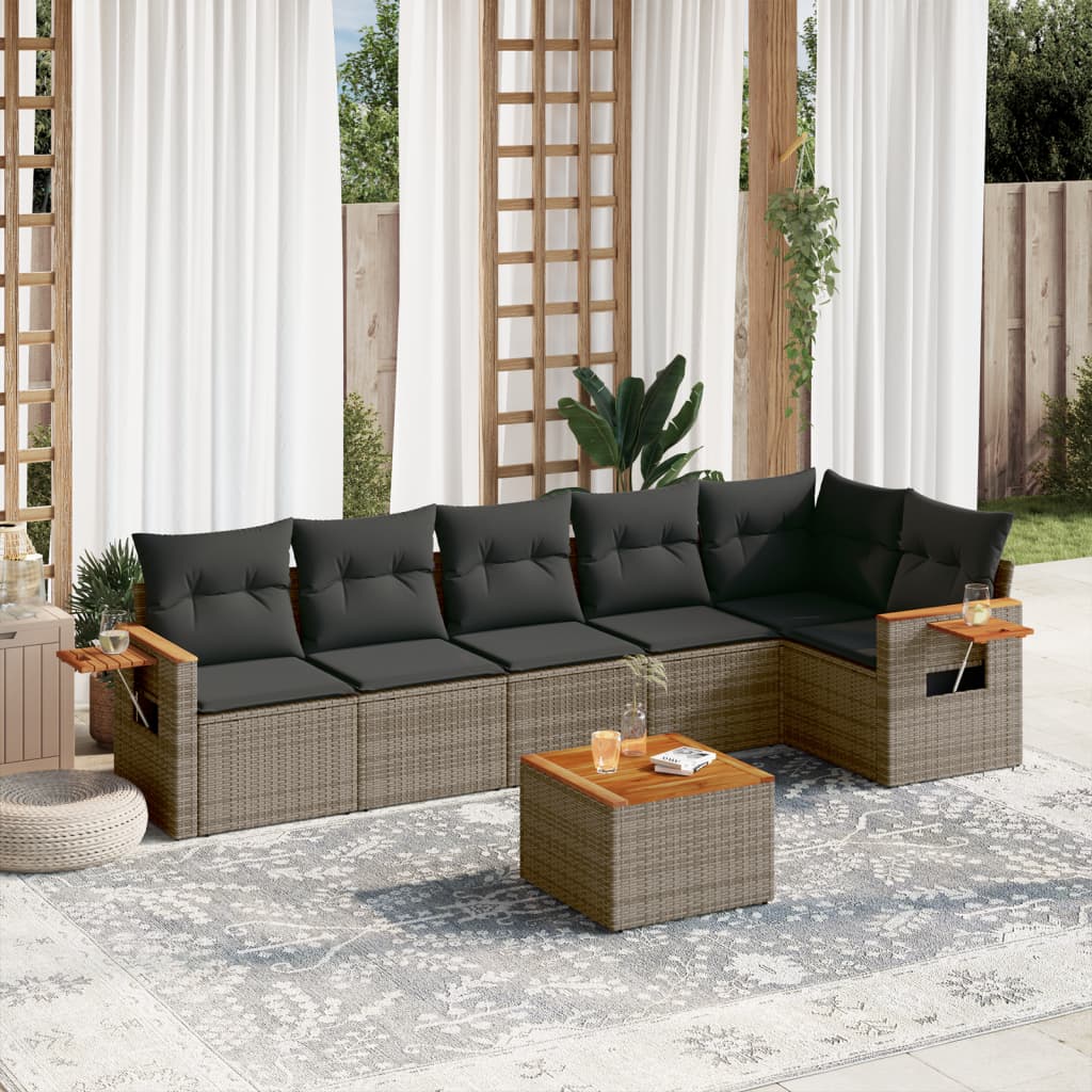 7 Pcs conjunto sofás p/ jardim c/ almofadões vime PE cinzento