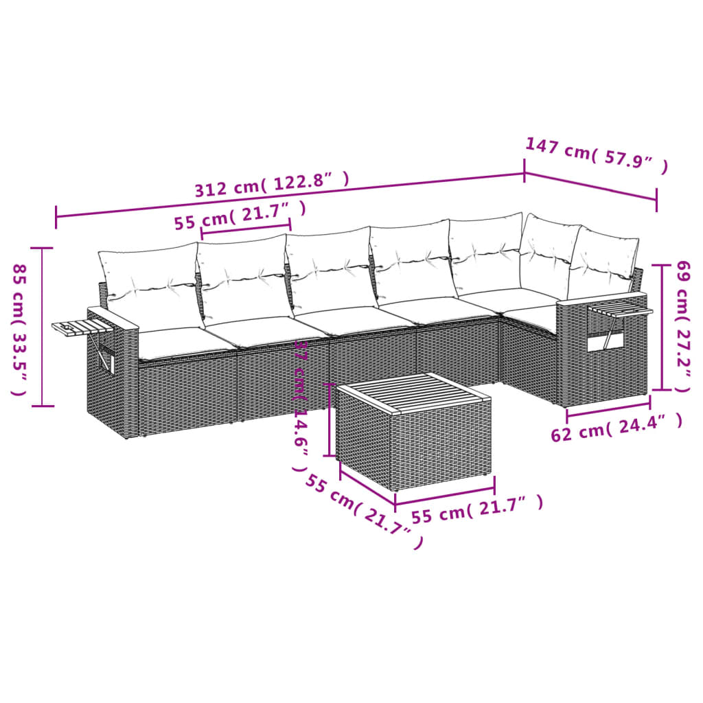 7 Pcs conjunto sofás p/ jardim c/ almofadões vime PE cinzento